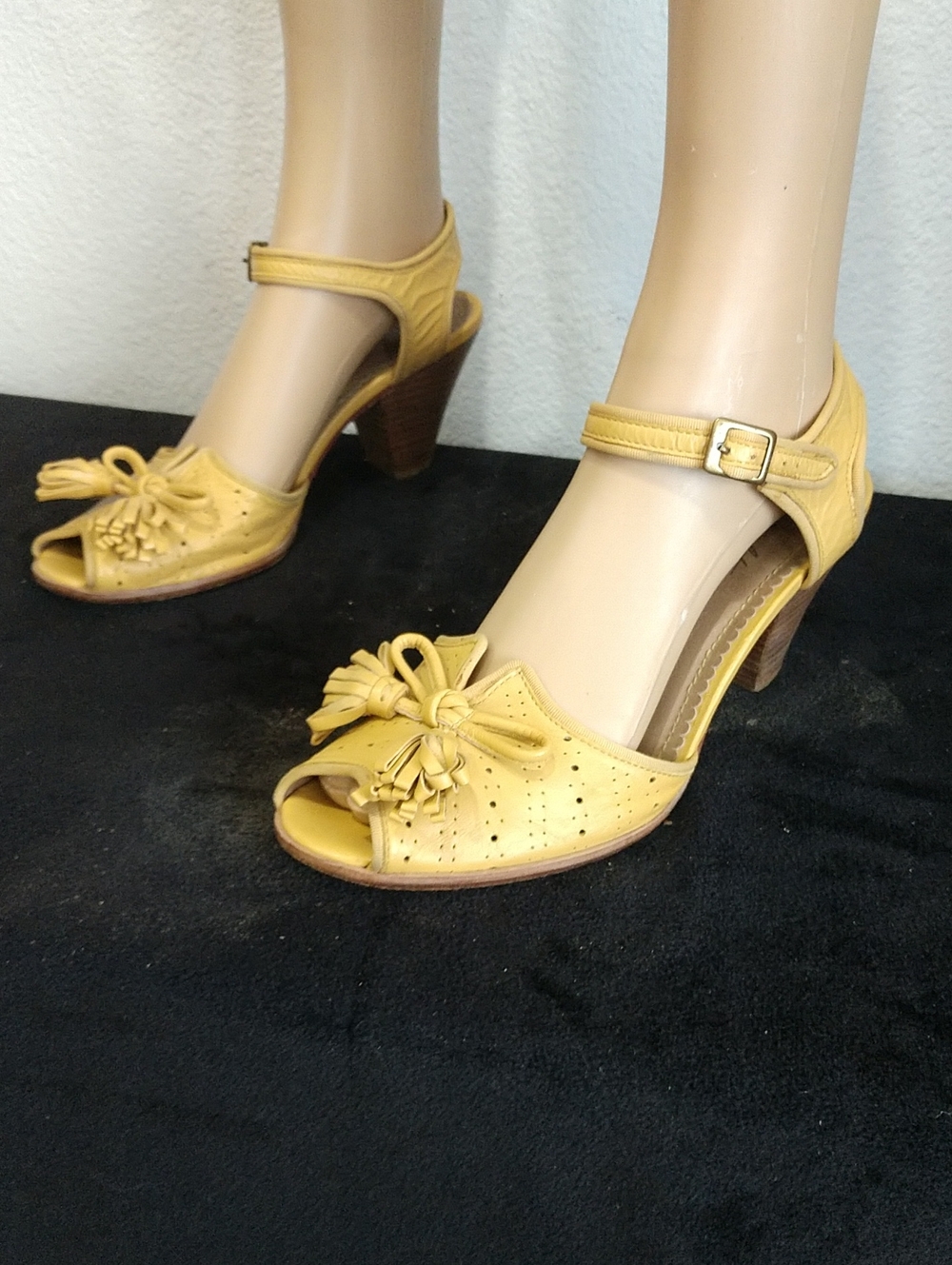 Miss Albright Yellow Peep-Toe Ankle Strap Heels with Bow Accent